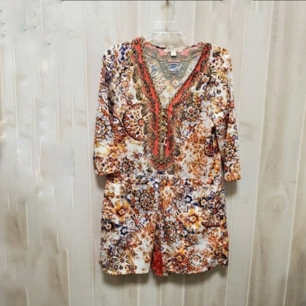 Boston Proper Romper w/ Pockets & Drawstring waist Boho Tribal Print Size 14